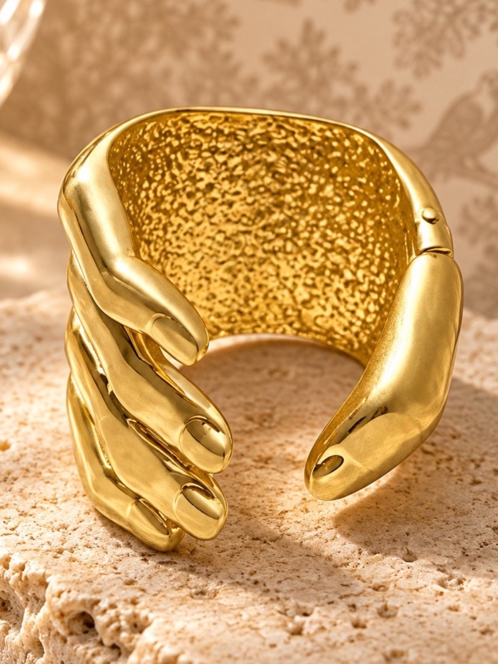 Sculptural Hand Cuff Bracelet Gold Tone Statement Wide Bangle